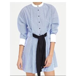 Zara Basic Blue White Striped Shirt Dress Mini Waist Tie French Cuff Medium